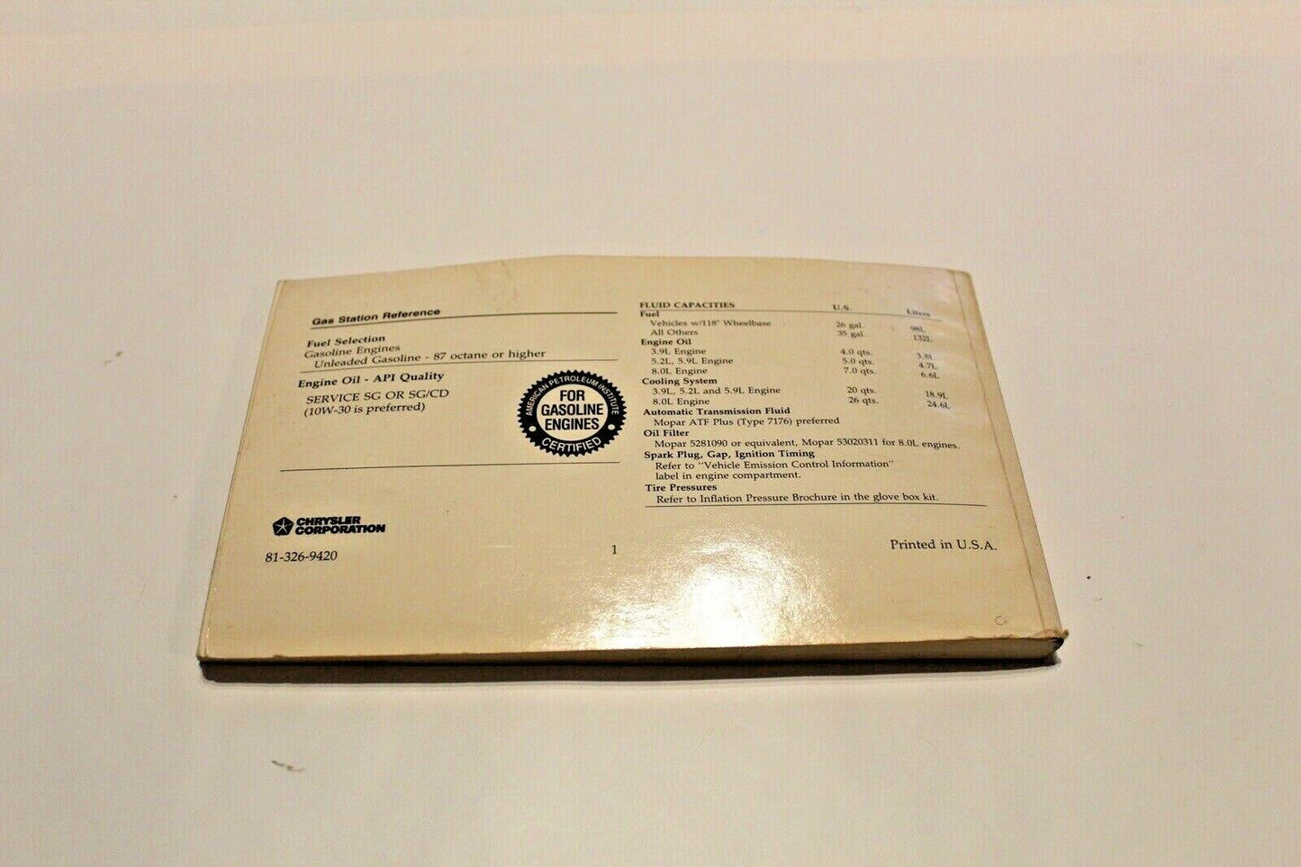 Owner's Manual, 1994 Ram 1500 2500 3500 Gasoline Engine