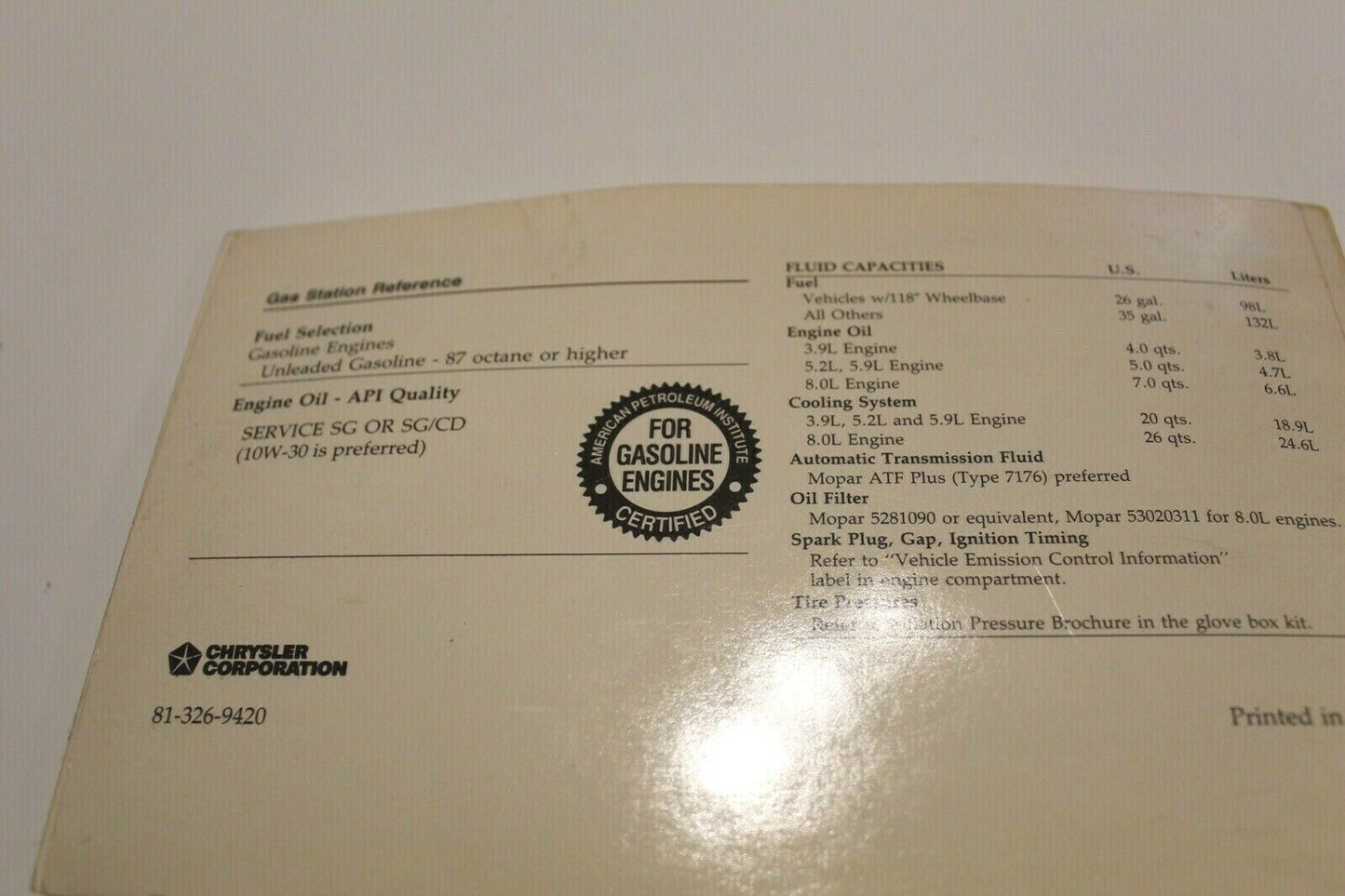 Owner's Manual, 1994 Ram 1500 2500 3500 Gasoline Engine