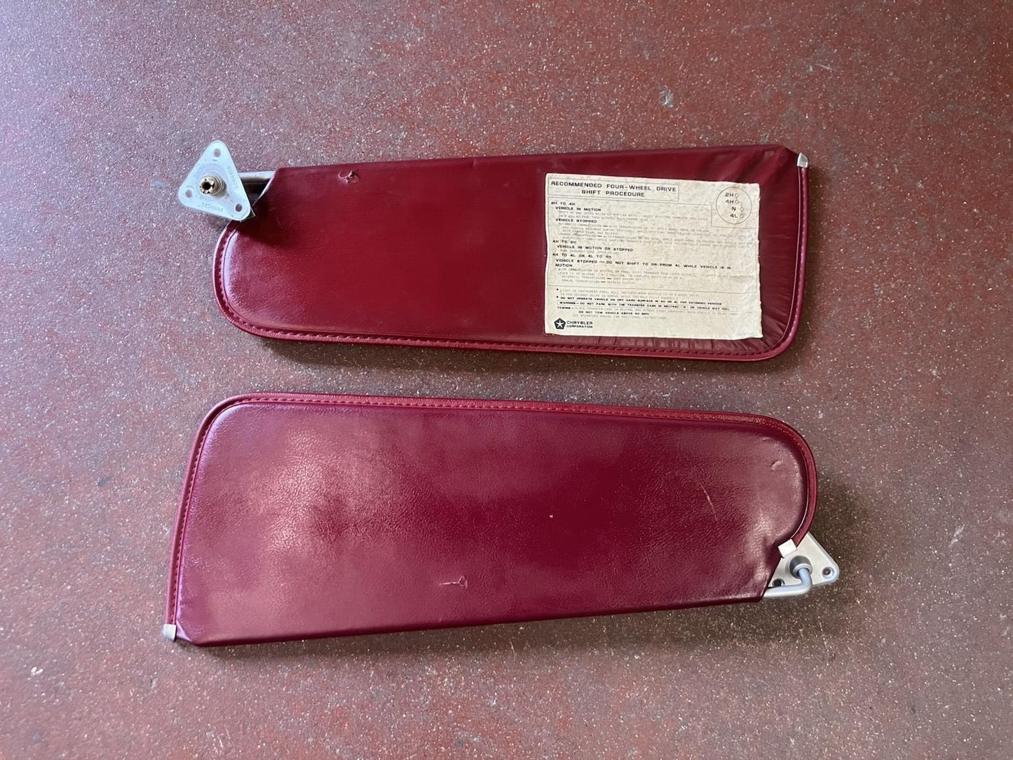 Sun Visor Pair, 1981-1993 Dodge W150 W250 W350 Ramcharger 4X4 Maroon Vinyl, Used