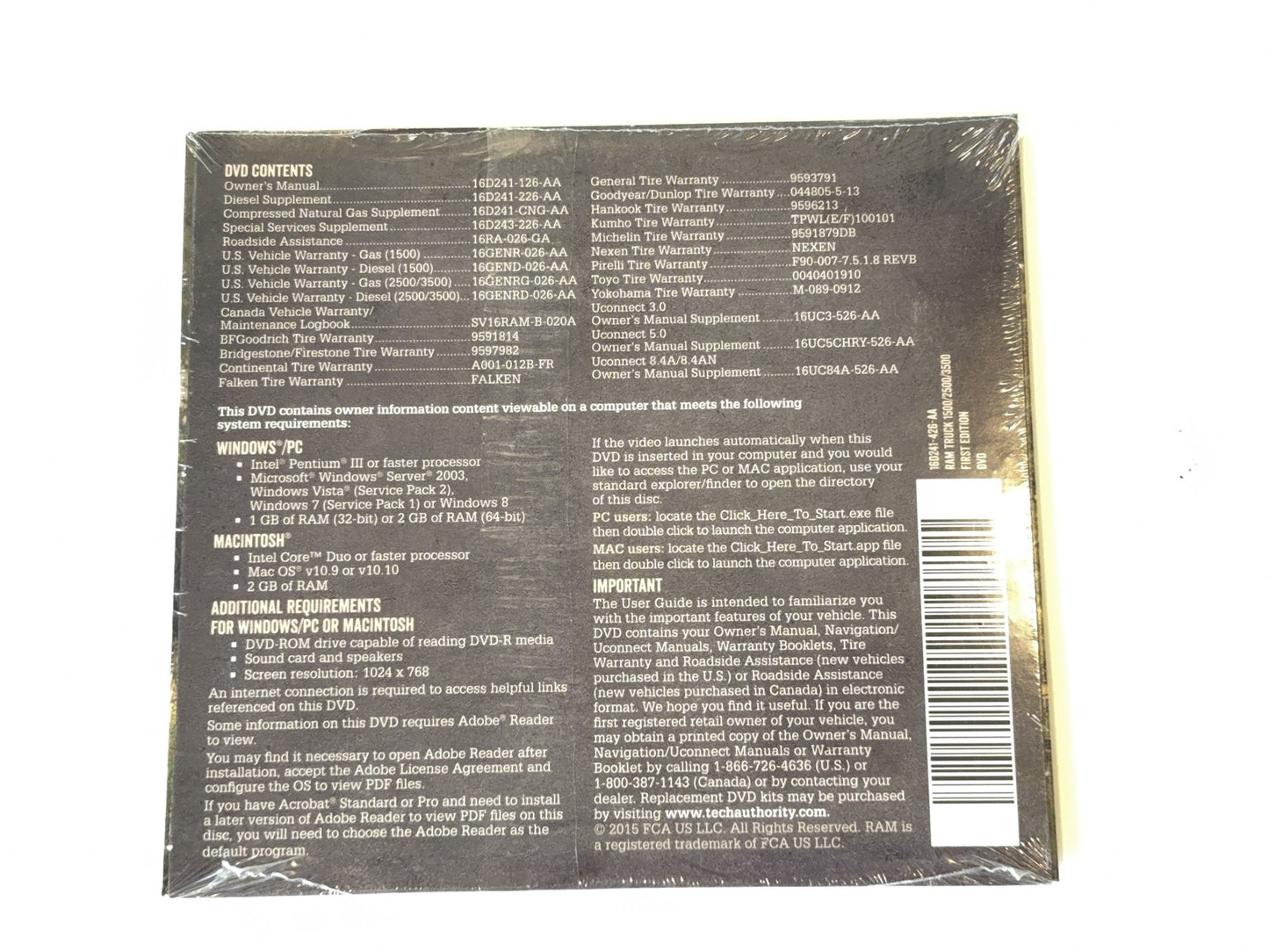 Owner's Manual 2016 Ram 1500 2500 3500 Gas and Diesel Engines Case DVD 1st Ed