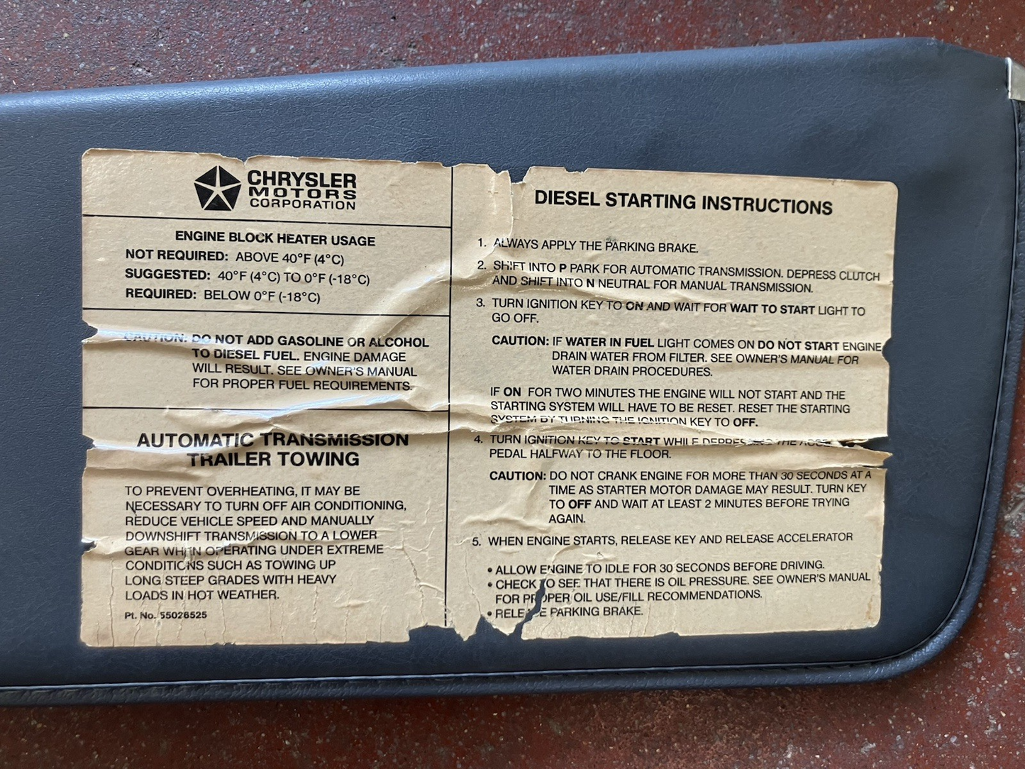 Sun Visors, 1989-1993 Dodge 250 350, Gray with Diesel Starting Instructions