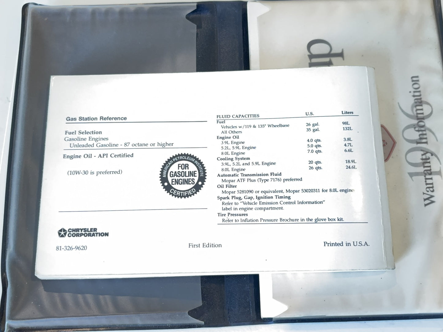 Owner's Manual with Case, 1996 Ram 1500 2500 3500 V6 V8 Gasoline Engines